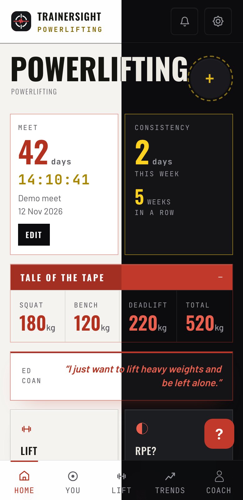 The athlete app shown in light and dark themes